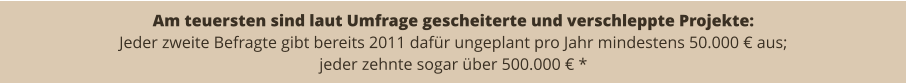 Am teuersten sind laut Umfrage gescheiterte und verschleppte Projekte: Jeder zweite Befragte gibt bereits 2011 dafür ungeplant pro Jahr mindestens 50.000 € aus;  jeder zehnte sogar über 500.000 € *